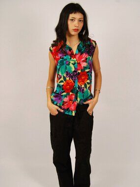 80s Collared Tank (S) small green red vintage womens preppy twee colorful twee